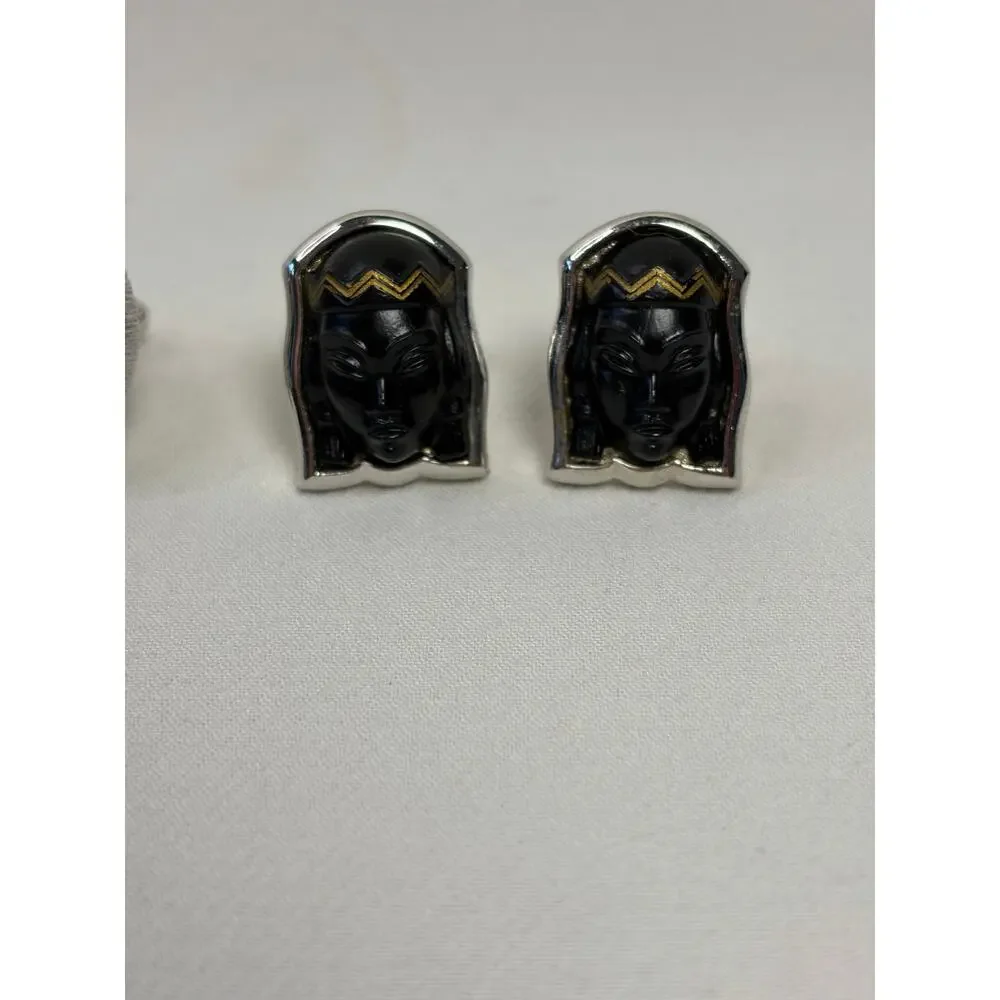 Vintage Shields Cufflinks Selro Blackamoor Princess and Green Glass Silver Tone